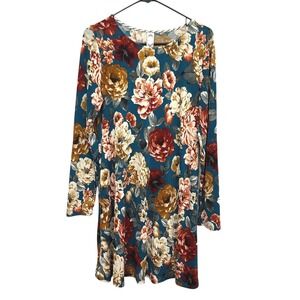 Floral A-Line Dress Small Blue Long Sleeve Pockets Boho Casual Stretch Travel